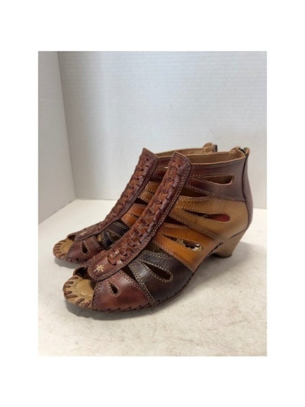 Pikolinos Brown Leather Cage Wedge Sandals Huarache Peep Toe Size 37 6.5